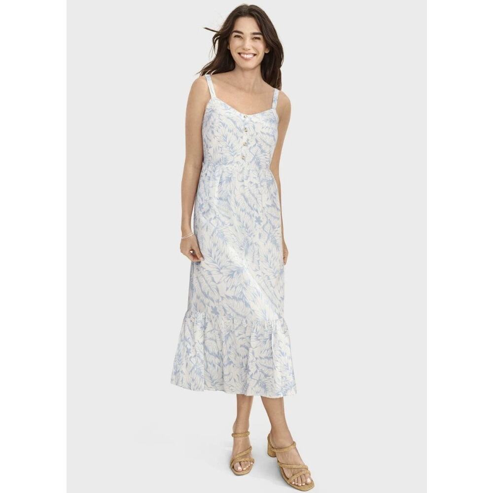 Gymboree Floral Midi Dress WMNS M White/Blue Leaf Print V-neck Smoked Back Strap